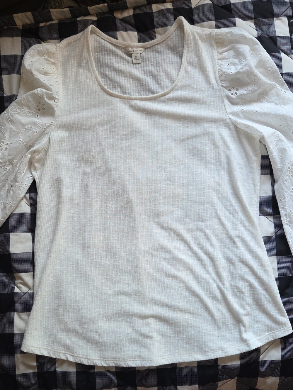 Cato White Puff Sleeve Eyelet Scoop Neck Top